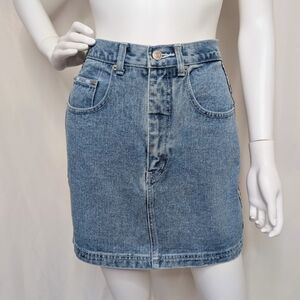 90s High Waist Light Wash Denim Mini Skirt With Black & White Striped Detail